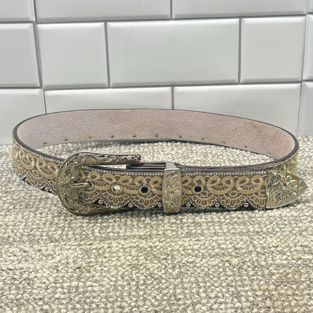 Angel Ranch Western Belt Womens S Leather White Lace Brown  32-35" Waist